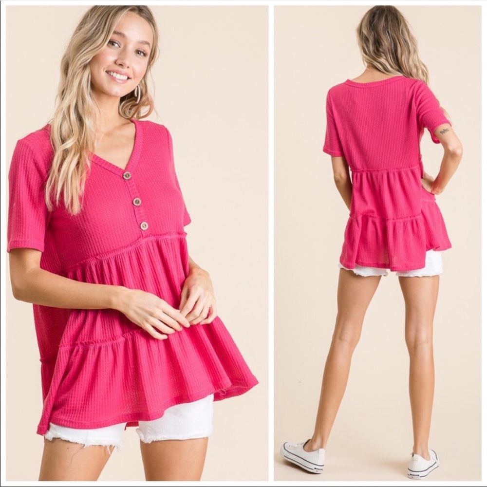 LAST ONE Pink Waffle Knit Tiered Top w/Buttons